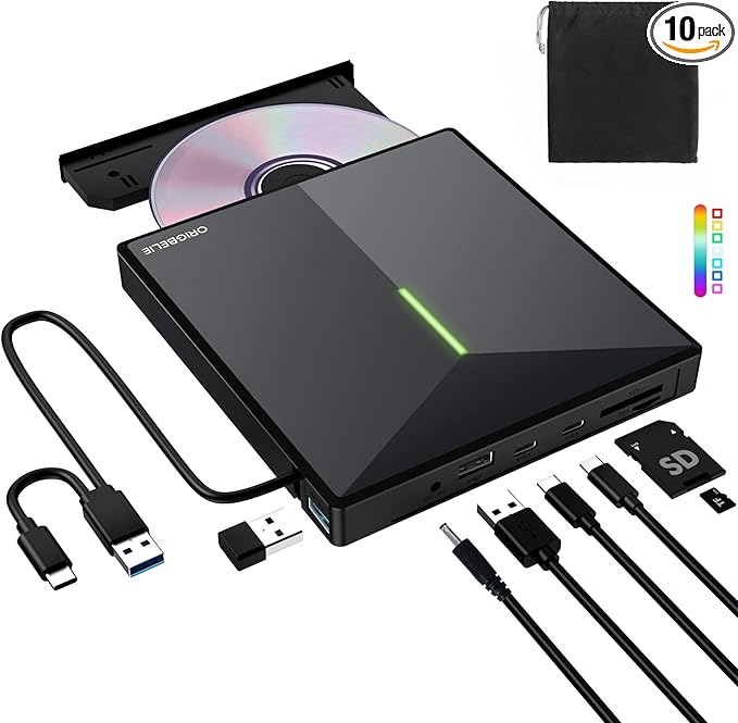 External CD DVD Drive with 4 USB Ports and 2 TF/SD Card Slots USB 3.0 Portable CD/DVD Disk Drive Player Burner Reader Writer for Laptop MacBook Desktop PC Windows 11/10/8/7 Linux Mac OS
