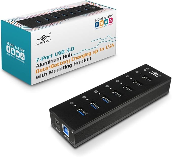 Vantec 7-Port USB 3.0 Hub Aluminum Full Powered Mountable with All Ports Data &amp Charging Up to 1.5A BC 1.2 Premium 12V/3A 36W Power Adapter (UGT-AH710U3-BK)