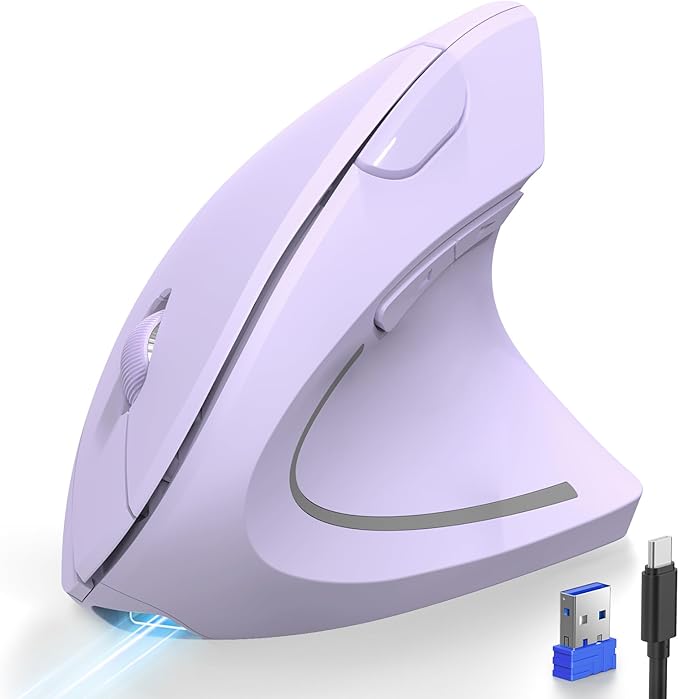 TECKNET Ergonomic Mouse Rechargeable 2.4G+Bluetooth Vertical Mice 6 DPI Adjustable Wireless Optical Carpal Tunnel Mouse Right Hand Multi Device for Laptop PC Computer MacBook - Light Purple