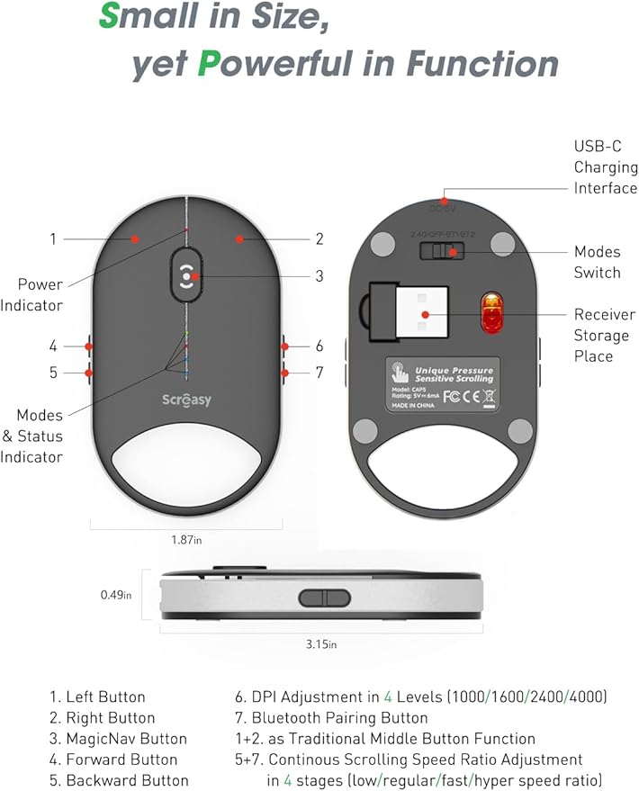 SCROEASY---The Mouse Revolution Simply Press to Scroll | Small &amp Slim | 4-Levels DPI | 4-L Scrolling Speed | Silent | Dual Bluetooth/2.4G/USB | Portable Wireless Mice for Notebook Laptop PC (Wh
