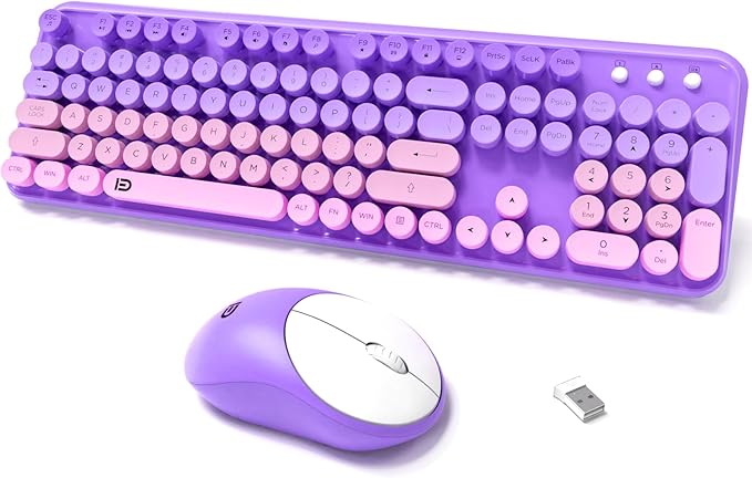 Wireless Keyboard and Mouse Combo 2.4 GHz Wireless Full-Sized Typewriter Keyboard with Round Keycaps for Windows Computer Desktop PC Laptop (Purple)