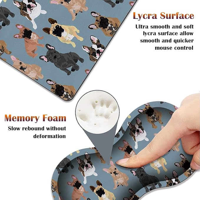 Keyboard Wrist Rest Pad + Square Mouse Pad + Wrist Rest Support Pad + Coaster Ergonomic Memory Wrist Rest Support 4-Piece Combo Set for Gaming and Office French Bulldogs