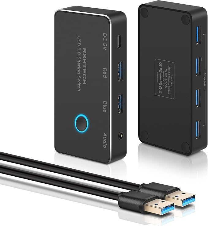 RSHTECH USB 3.0 Switch Selector Aluminum with 4 USB-3.0 Ports 3.5mm Audio Jack 2 Computers Sharing 5 Peripheral Devices USB KM Switcher hub with 2 USB Cable for Keyboard Mouse Printer
