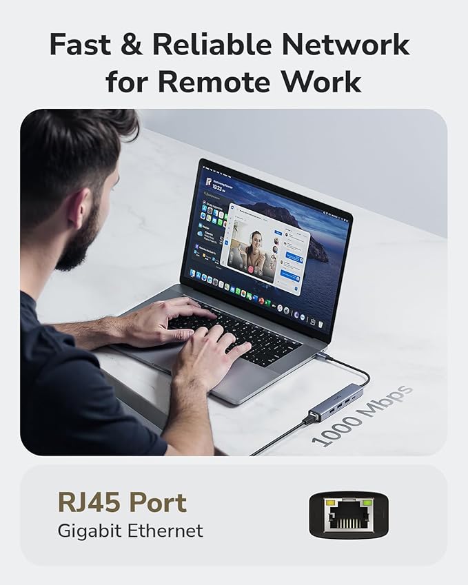 Cudy 5-in-1 USB-C Hub with Gigabit Ethernet RJ45 Port Multiport Adapter 3 USB-A 3.2 Gen 1 USB-C Port Receiving 5V2A DC for MacBook iPhone 15/16/17 and More UH605