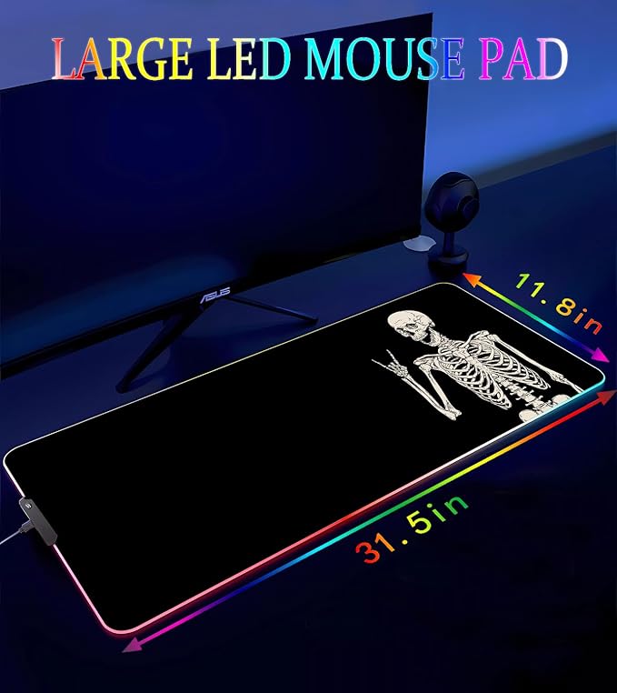 RGB Gaming Mouse Pad Large Mousepad with Led Light Big Keyboard Pad Gaming Accessories for Desk Non-Slip Rubber Base Black Human Skeleton Mouse Mat for Gamer 31.5 X 11.8 Inch