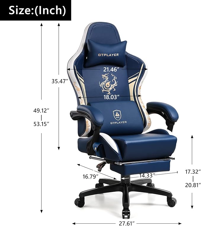GTPLAYER Gaming Chair with Bluetooth Speakers and Footrest Dragon Series Video Game Chair Heavy Duty Ergonomic Esports Computer Office Chair Blue (Royal Blue)