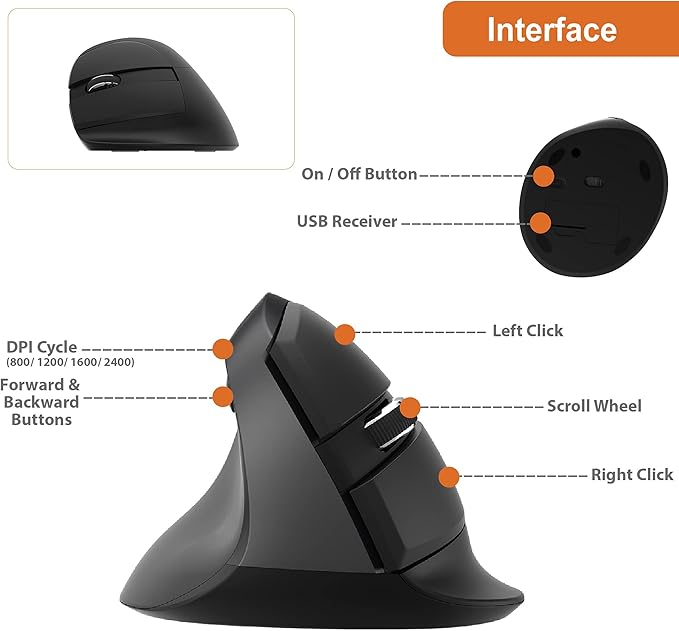 J-Tech Digital Left Handed Wireless Ergonomic Vertical Mouse for Small Hands with USB Nano Transceiver AA Battery 4 DPI Compatible with Mac and PC Black [V628ML]