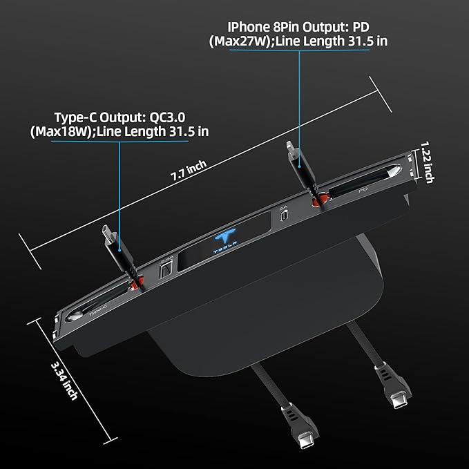 Tesla USB Hub for 2021 2022 2023 Tesla Model 3 Model Y Multi-Port Retractable Hub Docking Station with Fast Charging Cable Tesla Accessories Docking Station of Center Console for Model Y/3
