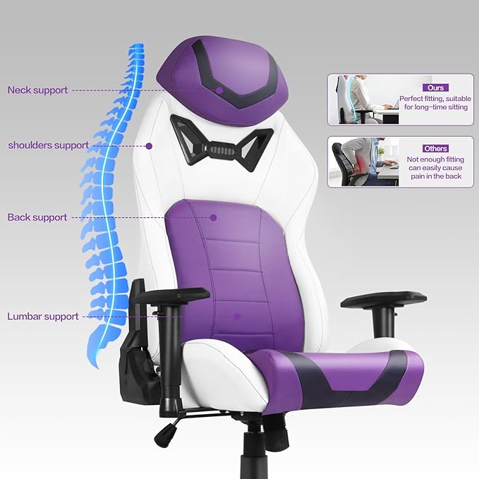 Modern-Depo Ergonomic Gaming Chairs for Adults with High-Density Memory Foam | Swivel Comfortable Office Chair Big and Tall Video Game Chair High Back Computer Chair for Home Office Purple White