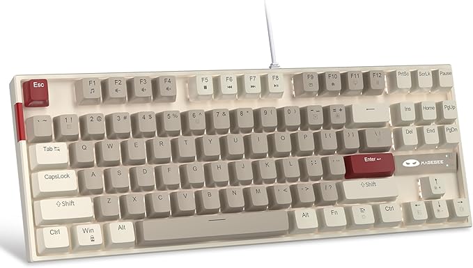 MageGee 75% Mechanical Gaming Keyboard Brown Switch LED White Backlit 87 Keys Compact TKL Wired Computer Keyboards for Windows Laptop PC Gamer - Retro Grey/White