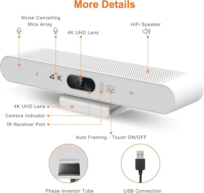 4K Video Conference Room Camera System with Remote Control AI Auto Framing&ampFocus Speaking Tracking Digital Zoom Webcam with Microphone and Speaker for Windows TV/PC/Laptop/Zoom/Teams/Skype