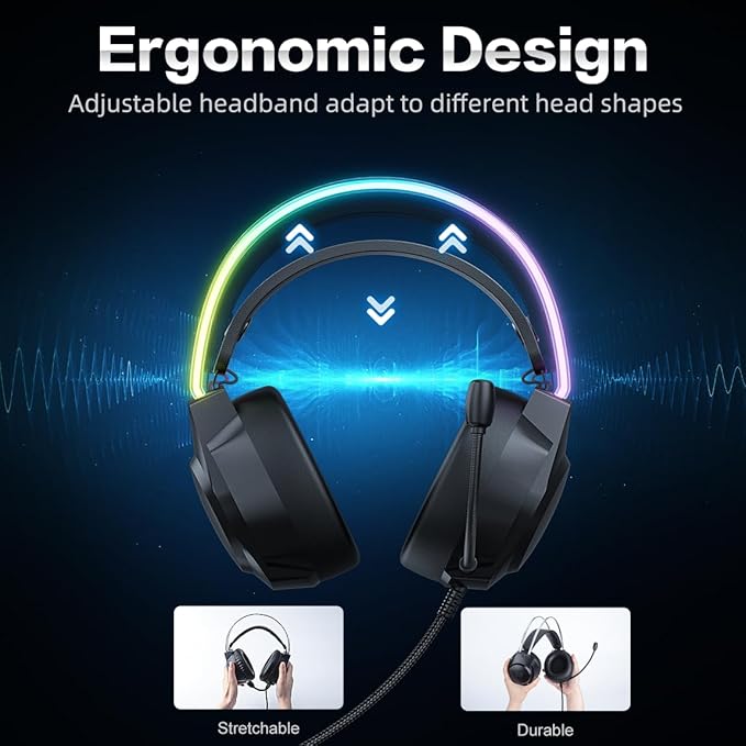 Gaming Headset with Microphone Cat Ear Headphones for PC Laptop PS4 PS5 Xbox Switch Rainbow RGB Lighting &amp Virtual Surround Sound 3.5mm Wired Over Ear Headphones Ergonomic