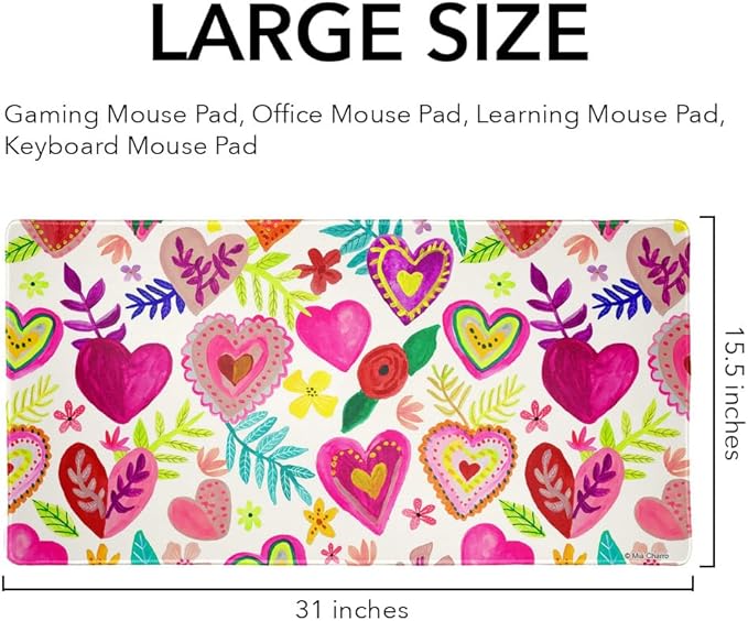 Colorful Hearts Valentines Large Gaming Mouse Pad Desk Mat with Stitched Edges Non-Slip Base for Gamer Home and Office