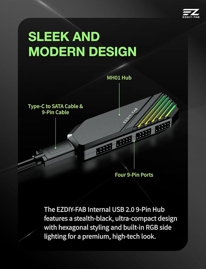 EZDIY-FAB MH01 Internal USB 2.0 9-Pin Hub4-Port USB Header Expansion SATA Powered USB Hub with Integrated Type-C Power &amp Data Connection Magnetic Mount Compact Design for AIO RGB Hub-Black