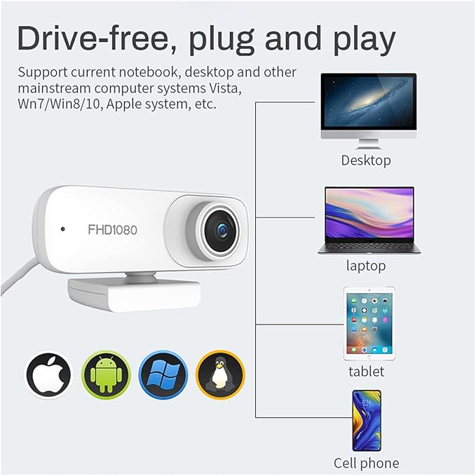 Web Camera Autofocus 1080P Webcam Cover HD Web Camera with Microphone for Computer Laptop PC Camera for Video Meeting Streaming for Gaming Video Calling Recording (Color : White)
