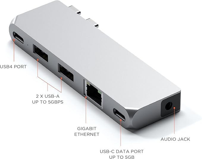 Satechi USB C Hub Multiport Adapter Pro Hub Mini USBC Dongle with USB4 Port USB C Data 2 USB-A Data Ethernet Audio Jack for MacBook Air/Pro M5/M4/M3/M2/M1 - Silver