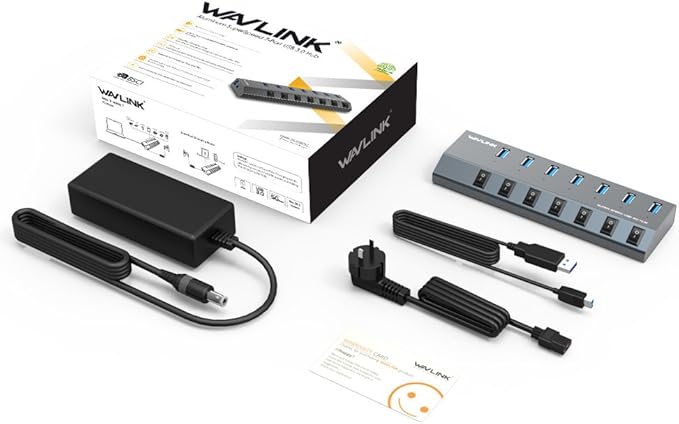 USB Hub 3.0 WAVLINK 7 Port Powered USB 3.0 hub 48W Charging 5V/2.4A Each Ports with Individual Switches LED Indicator USB Extension for Laptop MacBook iMac PC USB Flash Drives
