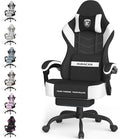 Ferghana Cotton Fabric Gaming Chair with Wider Seat Cushion Shield-Shaped Embroidery Ergonomic High Back Game Chair with Footrest Computer Chair with Massage Lumbar Support for Adult Black/White