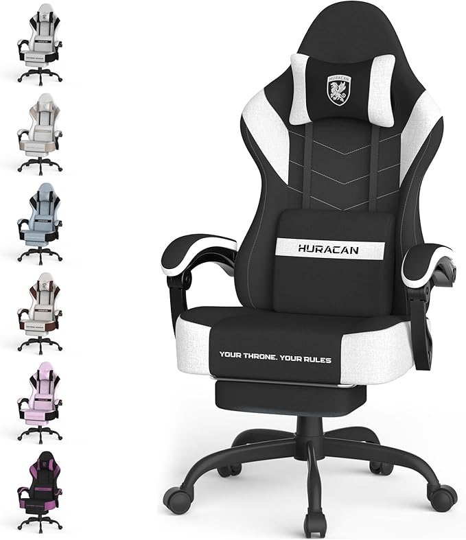 Ferghana Cotton Fabric Gaming Chair with Wider Seat Cushion Shield-Shaped Embroidery Ergonomic High Back Game Chair with Footrest Computer Chair with Massage Lumbar Support for Adult Black/White