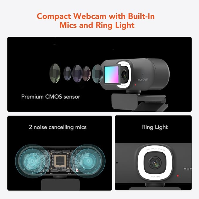 NUROUM V15AFL 2K Webcam with Ring Light for Streaming Autofocus Webcam for PC w/Noise Cancelling Dual Mics 1080P 60fps 75° FOV&ampLightweight USB Web Camera Plug&ampPlay for Zoom/Teams/OBS/Xspli