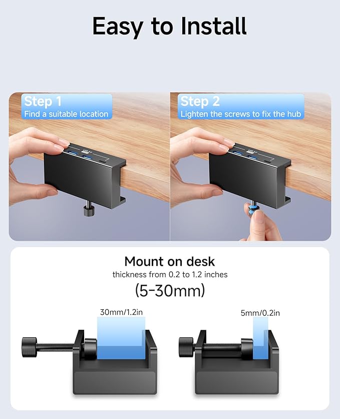 USB Hub 3.0 5Gbps Clamp USB Hub for Desk/Monitors with Extra Power Supply Port 3 USB-A Data Ports USB-C Data Port for iMac Pro/iMac (Black)