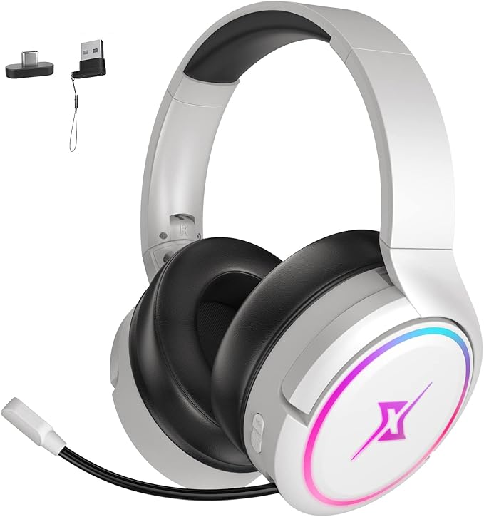 2.4G Wireless Gaming Headset for PC PS4 PS5 Switch MacMobile- Rotatable &amp Foldable Bluetooth V5.3 Headphone-20h Battery &amp RGB Light-Memory Ear Pads-Stretchable Noise Cancelling