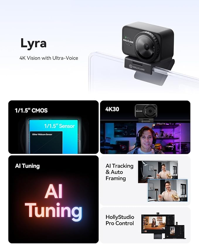 Hollyland Lyra Webcam UHD 4K Webcam for PC 1/1.5 Sensor Auto Framing PDAF Control for Live Streaming Video Calls Gaming Works with Zoom Teams Twitch &amp More