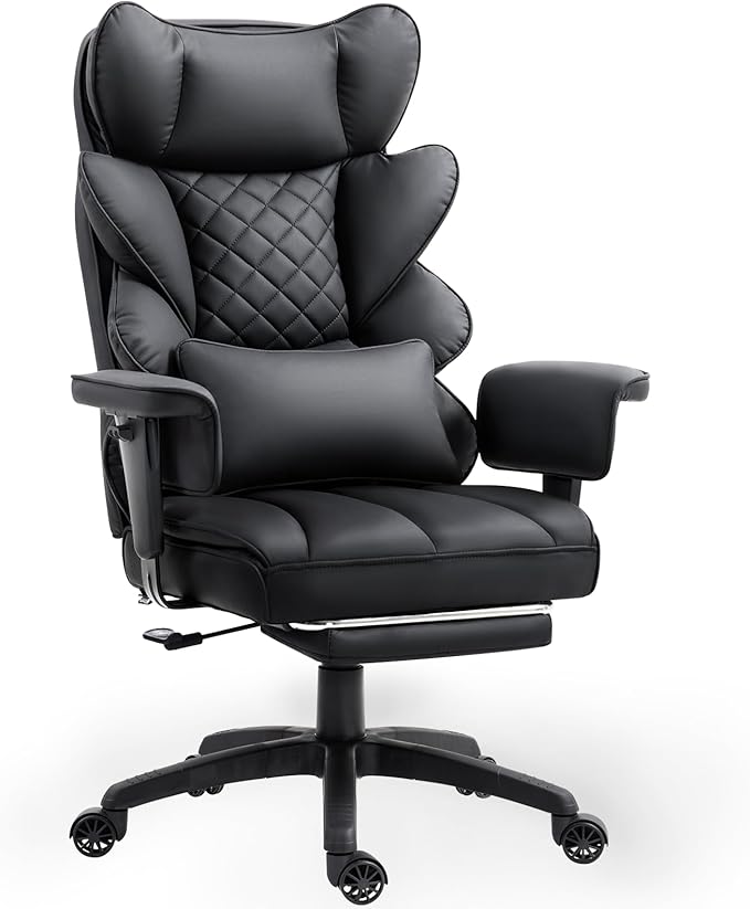 Dowinx Big and Tall Office Chair with Pocket Spring CushionHigh Back Computer Gaming Chairs with Adjustable ArmrestsExecutive Desk Chairs with Lumbar Support and FootrestPU Leather-Black