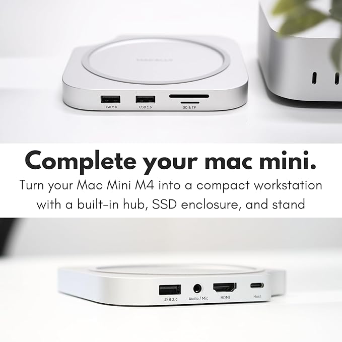 Macally Mac mini M4 Dock and Stand Mac mini M4 Hub with M.2 NVMe Enclosure 4K HDMI 60hz 3 USB A10Gbps USB C Data Port SD Card Reader 3.5mm Audio Jack