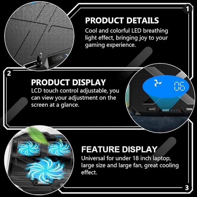 Mikikit Cooling Base USB Fans Laptop Stands PC Fan Laptop Ventilated Support LED Cooling Pad PC Cooler Quiet Laptop Cooler Laptop Fan Cooler Laptop Air Cooler LED Alloy Black Q8 USB