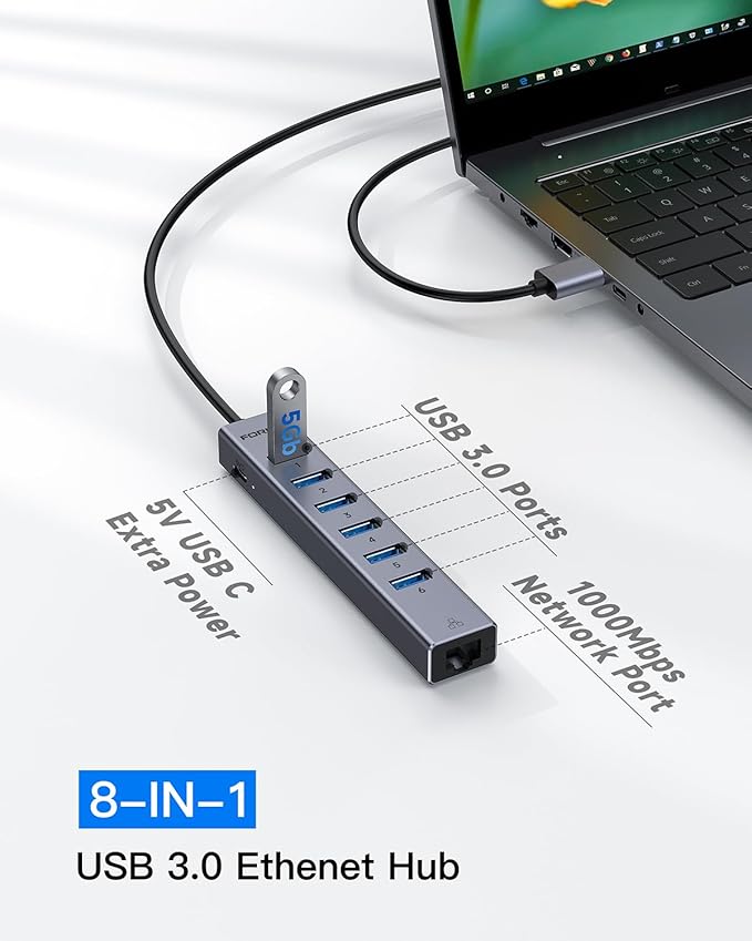 FORIDA Aluminum USB to Ethernet Adapter with 7-Port USB Hub – 3.9ft Long Cable Gigabit Ethernet Port 5V/3A Power Port | USB Extender Compatible with Windows macOS Linux &amp More