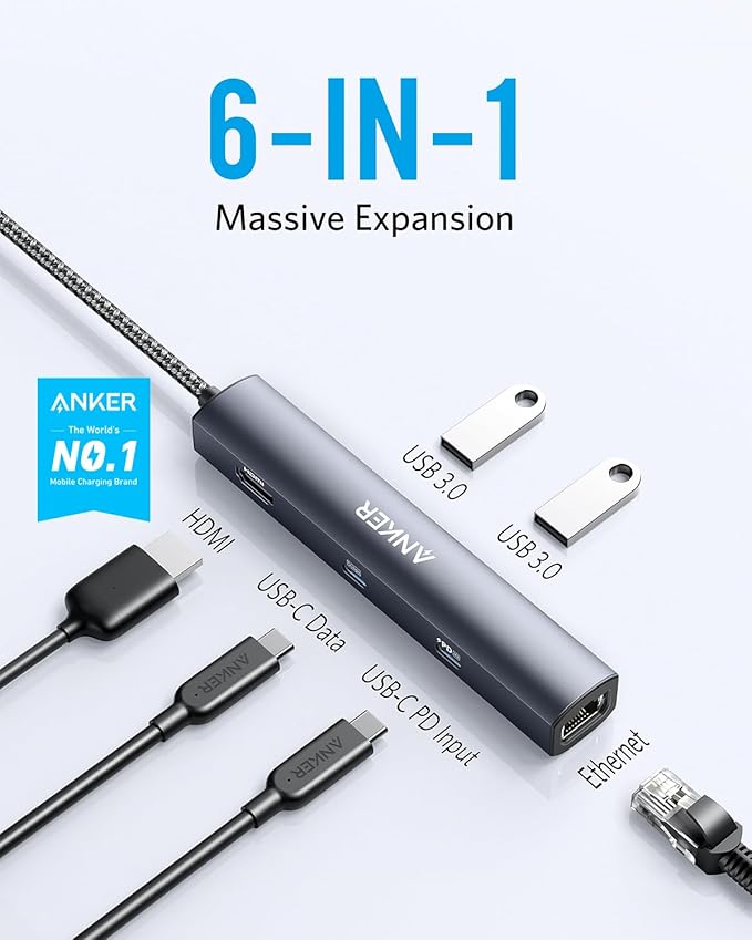 Anker 6-in-1 USB C Hub with Ethernet USB C to 4K HDMI Multiport Adapter 1Gbps Ethernet 65W Power Delivery USB Ports for MacBook Air iPad Pro XPS and More