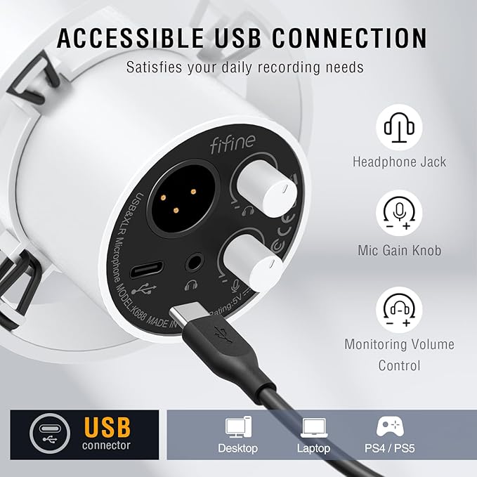 FIFINE Studio XLR Dynamic Microphone USB PC Podcast Microphone for Streaming Recording XLR/USB Vocal Mic with Tap-to-Mute Gain Knob Headphones Monitoring-Amplitank K688 White