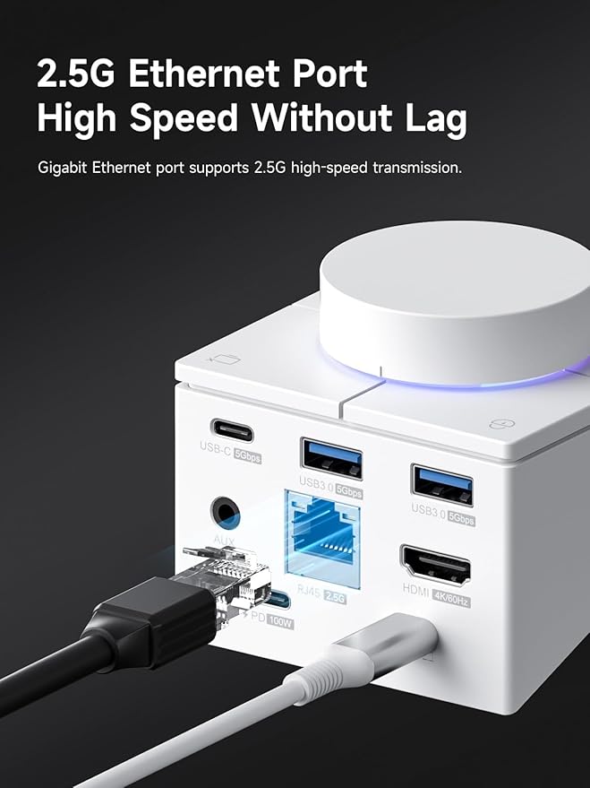 Hagibis Knob USB C Hub with Shortcut Buttons RGB Type-C Docking Station with 4K@60Hz HDMI 100W PD 5Gbps USB-C 2 USB3.0 2.5G RJ45 AUX SD3.0 Micro SD3.0 for MacBook iPad Pro Laptop (White 2.5G)