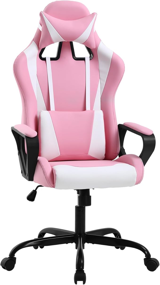 Ergonomic Gaming Chair Home Office Desk Chair with Headrest and Lumbar Support for Adults Height Adjustable Computer Chairs Pu Leather 360° Swivel High-Back Pink