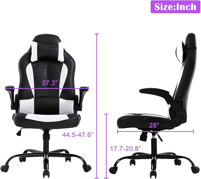 White Gaming Desk Chair PC Gaming Chair Gamer Chair Comftorable Ergonomic PU Leather Computer Office Chair with Lumbar Support Flip Up Arms High Back Executive Gaming Stuff for Girl Kids Adults