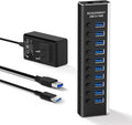 Powered USB Hub Rosonway 10 Port USB 3.1/3.2 Gen 2 Hub 10Gbps with 36W (12V/3A) Power Adapter Type A and Type C Cables Aluminum USB C Hub Splitter for PC and Laptop (RSH-A10S)
