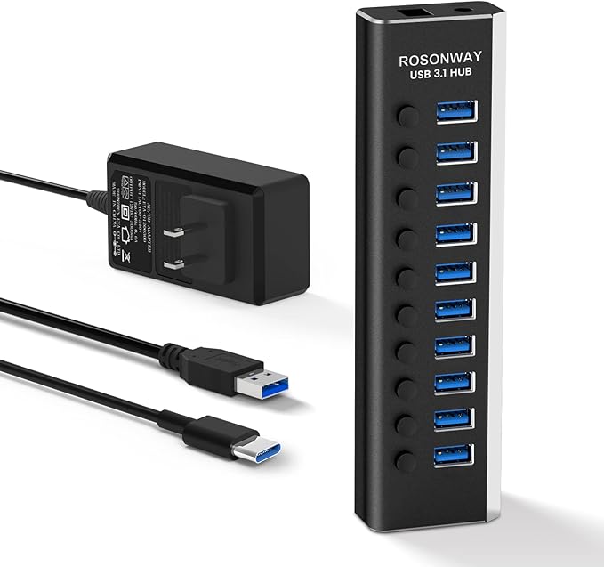 Powered USB Hub Rosonway 10 Port USB 3.1/3.2 Gen 2 Hub 10Gbps with 36W (12V/3A) Power Adapter Type A and Type C Cables Aluminum USB C Hub Splitter for PC and Laptop (RSH-A10S)