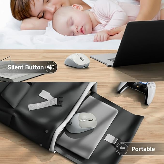 EWEADN Q5 Wireless Mouse Bluetooth &amp 2.4G Quiet Computer Mouses with Battery Level Display 1600 DPI Ergonomic Office Mouse 6 Button Portable Cute Computer Mouse for Laptop/PC/Mac - Grey