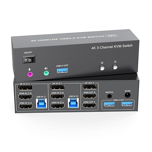 4K KVM Switch 3 Monitors 2 Computers Triple Monitor Displayport 2HDMI USB 3.0 KVM Switches 4K@60HzSupport Extended/Mirror Mode Share 3 USB 3.0 Ports with EDID Adaptive 2*USB Cables and Controller