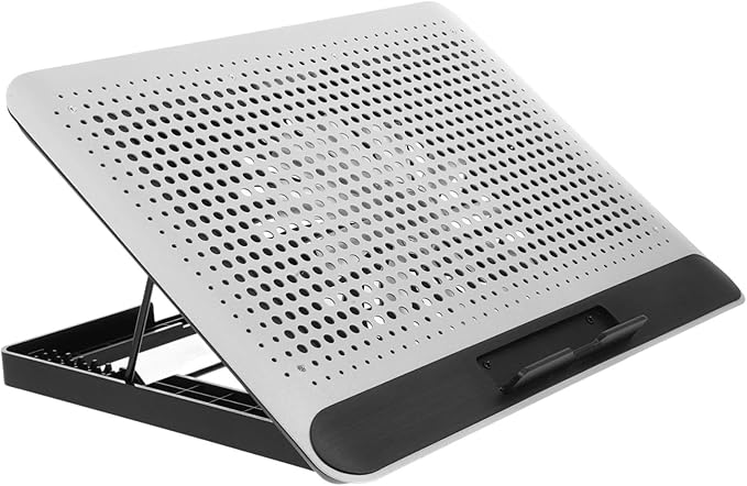 Thin Quiet Laptop Cooler with Fan Speed and Six-Angle Ergonomic Aluminum Stand Dual USB Ports for Home and Office Use Silver