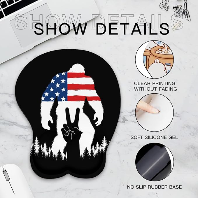 Mousepad America Flag Bigfoot Peace Sign Ergonomic Wrist Support Non-Slip Base Mouse Mat with Wrist Rest Computer Mousemat for Desk Work Accessories Pad