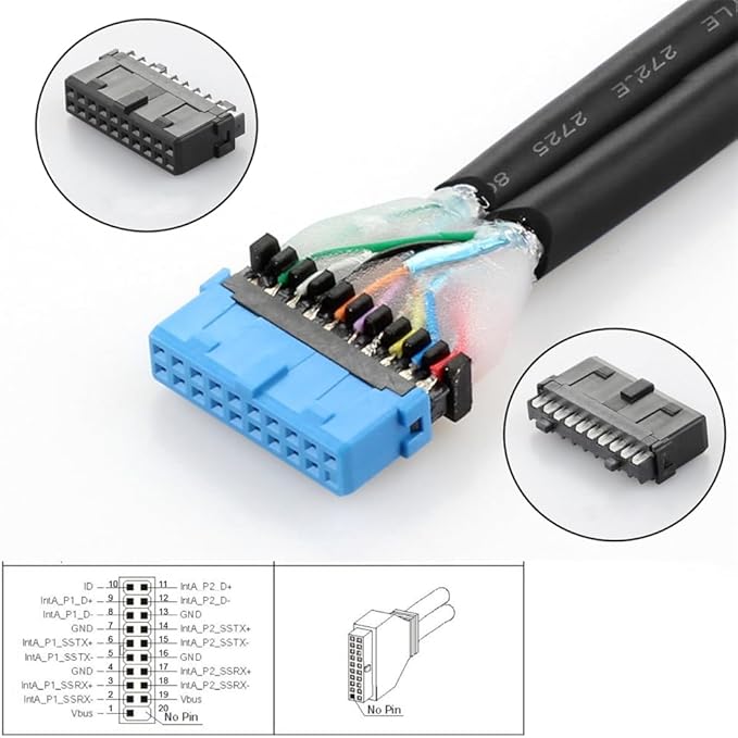 Xiwai Type-C USB-C &amp 19/20Pin Header Splitter to USB 3.0 20Pin &amp Type-E Dual Ports Female PCBA Type Adapter HUB 5Gbps