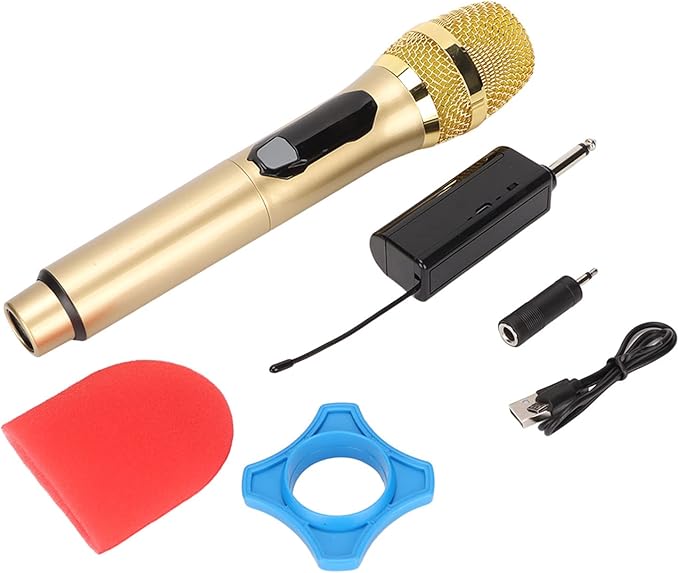 BAFOVY Home Microphone Microphone for Home 40MHz Digital Modulation Dynamic Live Sound Card Mic 50m for Outdoor Home Conference with LED Screen 3.5mm Adapter (Gold)