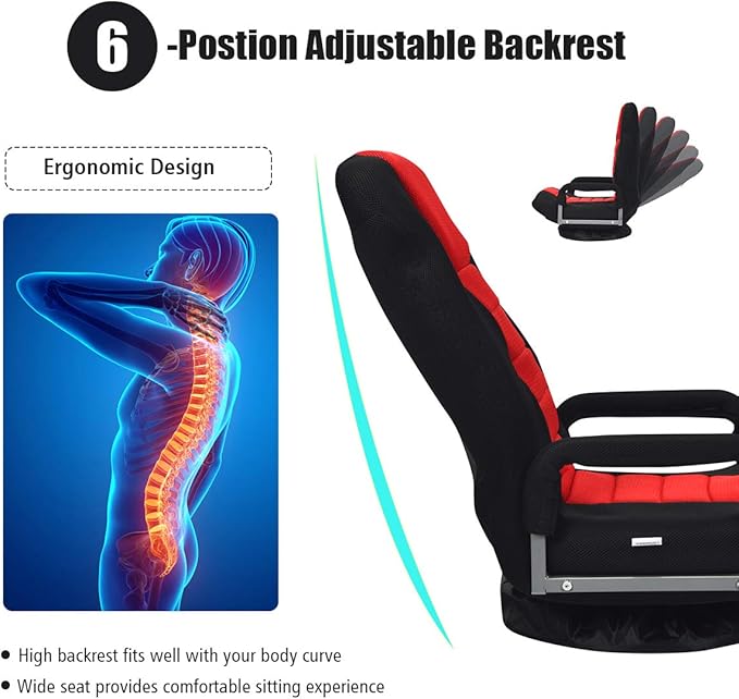 GOFLAME Swivel Gaming Floor Chair 360 Degree Folding Chair with Adjustable 6-Position Backrest and Armrest Lazy Sofa Lounger for TV Reading Playing Video Games (Black/Red)