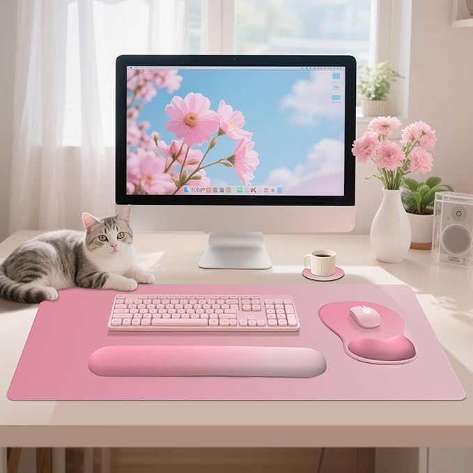 4-in-1 Large Gaming Mouse Pad Keyboard Wrist Rest Pad &amp Wrist Support Mousepad Set Extended Desk Pad Waterproof Desk Mat for Home Office Decor Study Game 35.4×15.7 Inches I Gradient Pink Blush