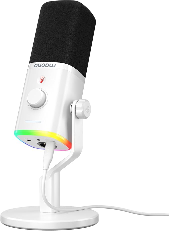 MAONO USB/XLR Podcasting Microphone for PC Gaming Streaming Dynamic Mic with Mute Button RGB Desktop StandComputer Mic for Video Studio Recording-PD100XWhite