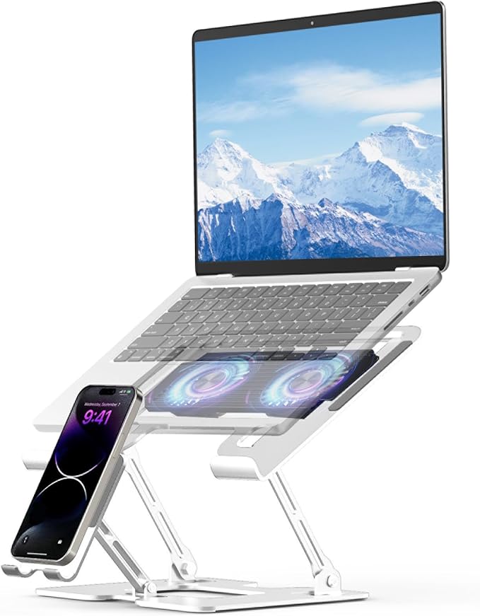 Laptop Cooling Stand with Detachable Fan2-IN-1 Laptop Stand with Phone Holder and Silent FansAdjustable Height and AngleCarbon Steel FrameworkLaptop Cooling Pad for up to 16”Laptop (White)