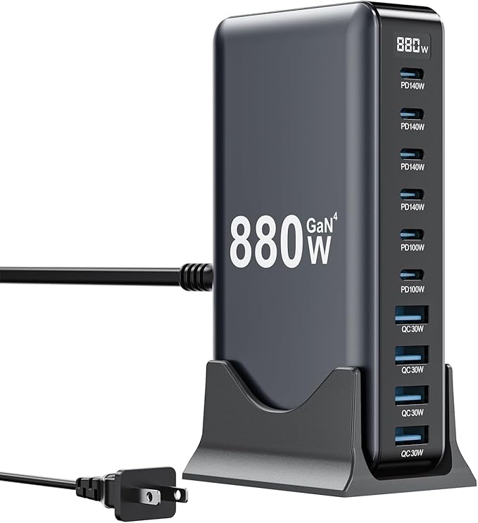 880W USB C Charger Block10-Port USB C Charging Station GaN IV Travel Essentials Multiple Port Charging Station140W Laptop Fast Charger Adapter for MacBook Pro/AirDELLiPadiPhoneSamsung Galaxy