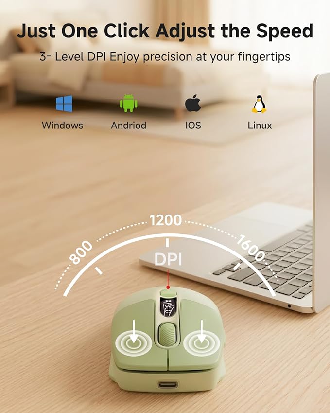 EWEADN Q1 Wireless Mouse BT &amp 2.4G Silent Mouse Quiet Click with 1600 DPI Levels Battery &amp DPI LED Screen Display 6 Button Small Portable Bluetooth Mouse for Laptop/PC/Mac-Green